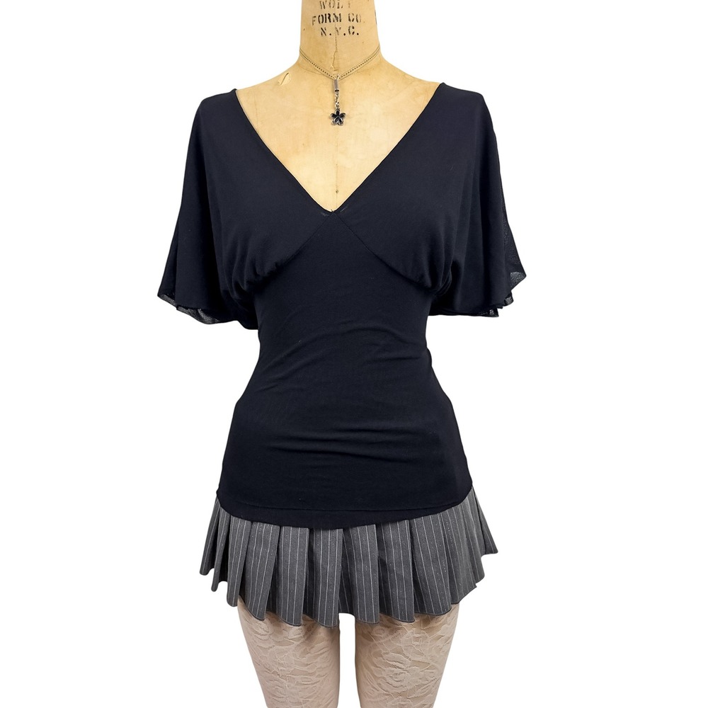 WHBM Black Mesh Plunging V Neck Blouse Dolman Sleeve Gathered Whimsigoth Size L